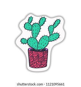 Hand drawn cute cactuses collection. Vector illustration. Bright funny decor sticker. Botanical illustration.