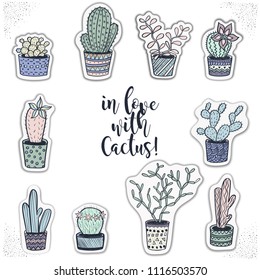 Hand drawn cute cactuses stickers collection. Vector illustration.