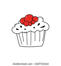 Hand drawn cute cake with red berries doodle style, vector illustration isolated on white background. Tasty dessert for holiday, black outline, decorative design element