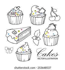 Hand drawn cute cakes. Vector illustration