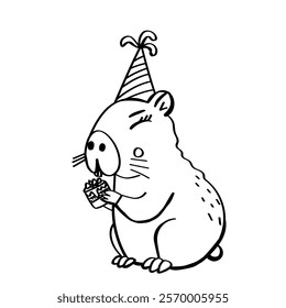 Hand drawn cute capybara with cake. Hapy birthday doodle vector illustration