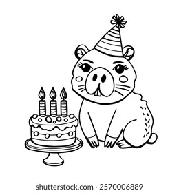 Hand drawn cute capybara with cake. Hapy birthday doodle vector illustration