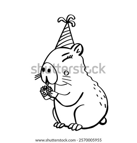 Hand drawn cute capybara with cake. Hapy birthday doodle vector illustration