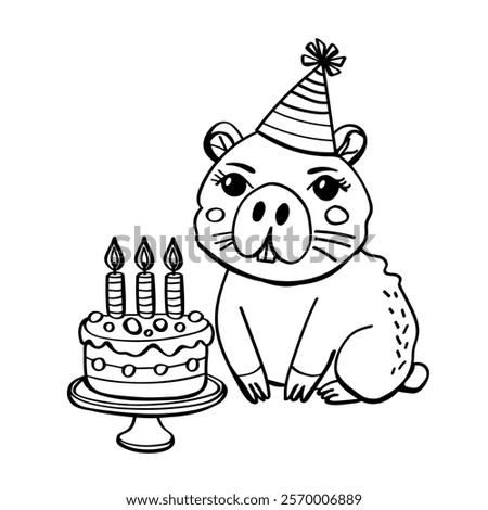 Hand drawn cute capybara with cake. Hapy birthday doodle vector illustration