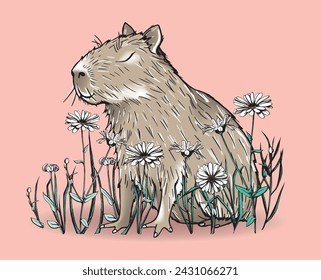 Hand drawn cute capybara with flowers on pink background. Vector illustration