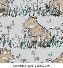 Hand drawn cute capybara with flowers and butterflies seamless pattern. Vector illustration