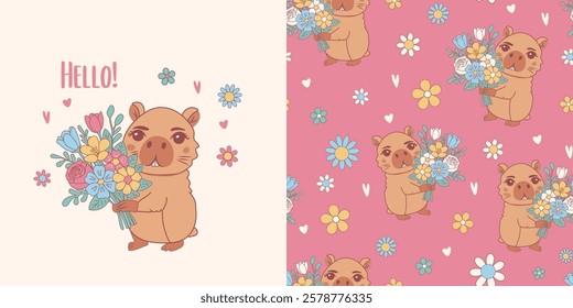 Hand drawn Cute capybara wity flolwer bunch vector illustration. Print design animal for textile, fabric, wrapping paper, t-shirt.