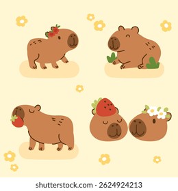 Mão desenhada capibaras bonito com flores conjunto primavera