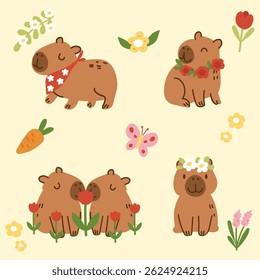 Handgezeichnete Niedliche Capybaras mit Blumen Frühlingssatz