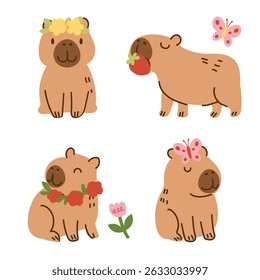 Mão desenhada capibaras bonito com flores conjunto primavera
