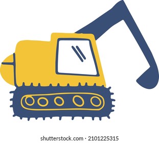 Hand drawn cute car - cargo crane, bulldozer, excavator. Vector cute car for fabric, textile and wallpaper design. Vector cars in scandinavian style
