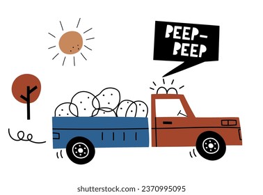 Hand drawn cute car Truck in cartoon style. Vector illustration with cute car for fabric, textile, postcard, apparel or kids room design, bag, cup or print. Premade card in Scandinavian style. EPS 10