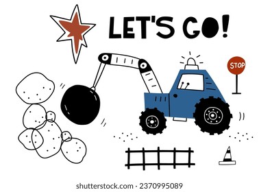 Hand drawn cute car Wrecking ball Crane  in cartoon style. Vector illustration with cute car for fabric, textile, postcard, apparel or kids room design, bag, cup or print. Premade card