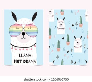 Hand drawn cute card with cactus, llama not drama