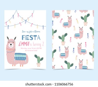 Hand drawn cute card with cactus and llama