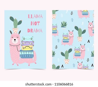 Hand drawn cute card with cactus, llama not drama