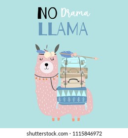 Hand drawn cute card with llama,arrow,wreath,luggage.No drama