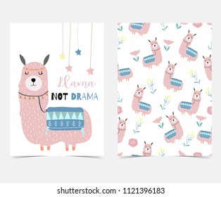 Hand drawn cute card with llama,flower,leaf ,wreath,star in summer.Llama not drama