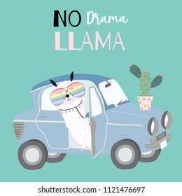Hand drawn cute card with llama,glasses,car,cactus in summer.Llama not drama