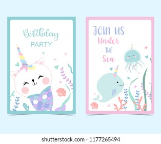 Hand drawn cute card with mermaid,caticorn,squid and coral