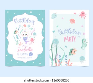 Hand drawn cute card with mermaid,caticorn,squid,coral and sea horse
