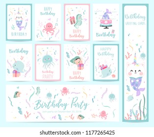 Hand drawn cute card with mermaid,caticorn,squid,coral and sea horse