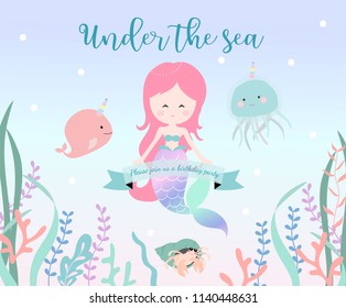 Hand drawn cute card with mermaid,narwhal,coral and jellyfish