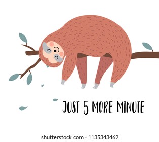 Hand drawn cute card with sloth and tree