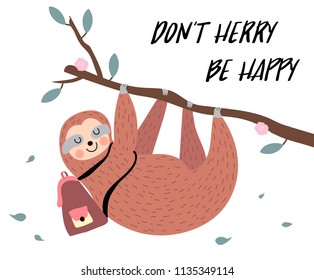 Hand drawn cute card with sloth and tree