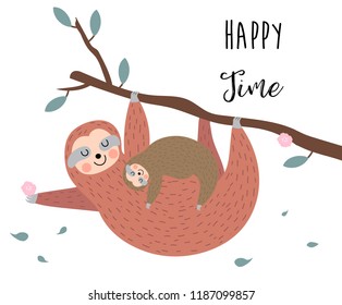 Hand drawn cute card with sloth and tree