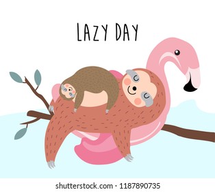 Hand drawn cute card with sloth and tree