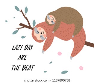 Hand drawn cute card with sloth and tree