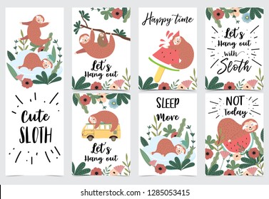 Hand drawn cute card with sloth,van,watermelon,tree,flower and leaf.Let's hang out.Happy time.Not today