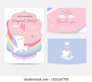 Hand drawn cute card with unicorn head,rainbow and heart