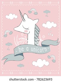 Hand drawn cute card with unicorn