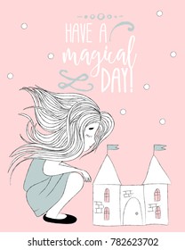 Hand drawn cute card with unicorn
