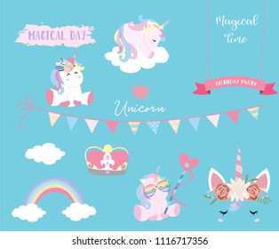 Hand drawn cute card with unicorn,cake,rainbow,cloud,flag,ribbon and glasses.Magic time