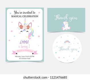 Hand drawn cute card with unicorn,head,rainbow,star and ribbon.Thank you