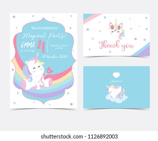 Hand drawn cute card with unicorn,head,rainbow,star and ribbon.Thank you