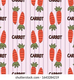 Hand drawn cute carrot on stripe seamless pattern. Vector farm fresh produce background. Farmers market vegetable. Typography text all over print. Self sufficient garden. 