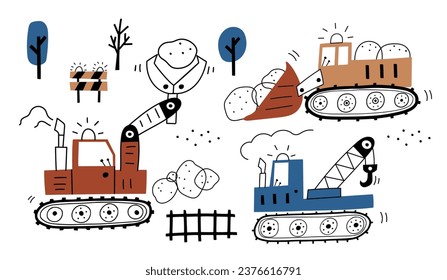 Hand drawn cute cars bucket loader, claw tractor, bulldozer, excavator in cartoon style. Vector set with cute cars for textile, postcard, apparel or kids room design. Vector cars in Scandinavian style