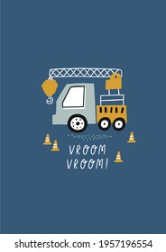 Hand drawn cute cars - cargo crane. Vector print with cute cars for fabric, textile and wallpaper design. Vector cars in scandinavian style