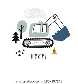 Hand drawn cute cars - excavator. Vector print with cute cars for fabric, textile and wallpaper design. Vector cars in scandinavian style