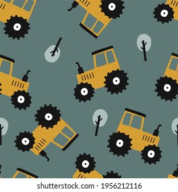 Hand drawn cute cars - tractor. Seamless vector pattern with cute cars for fabric, textile and wallpaper design. Vector cars in scandinavian style