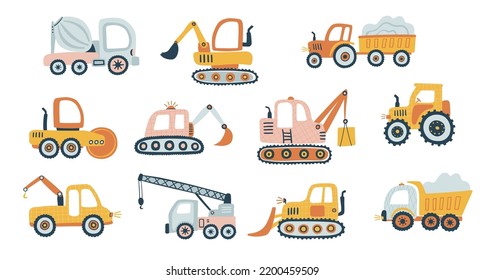 Kid’s hand drawn cute cars and tractor
