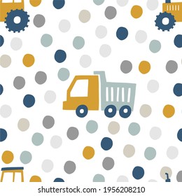 Hand drawn cute cars - Truck, tractor, cargo crane, bulldozer, excavator. Seamless vector pattern with cute cars for fabric, textile and wallpaper design. Vector cars in scandinavian style