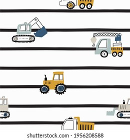 Hand drawn cute cars - Truck, tractor, cargo crane, bulldozer, excavator. Seamless vector pattern with cute cars for fabric, textile and wallpaper design. Vector cars in scandinavian style