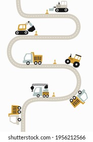 Hand Drawn Cute Cars - Truck, Tractor, Cargo Crane, Bulldozer, Excavator. Vector Set With Cute Cars For Fabric, Textile And Wallpaper Design. Vector Cars In Scandinavian Style