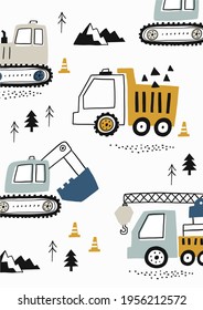 Hand drawn cute cars - Truck, tractor, cargo crane, bulldozer, excavator. Vector set with cute cars for fabric, textile and wallpaper design. Vector cars in scandinavian style