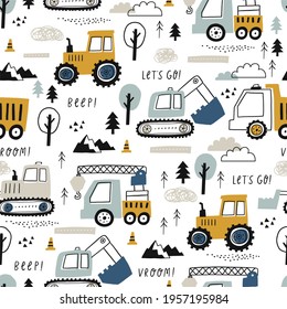 Hand drawn cute cars - Truck, tractor, cargo crane, bulldozer, excavator. Boho Seamless vector pattern with cute cars for fabric, textile and wallpaper design. Vector cars in scandinavian style